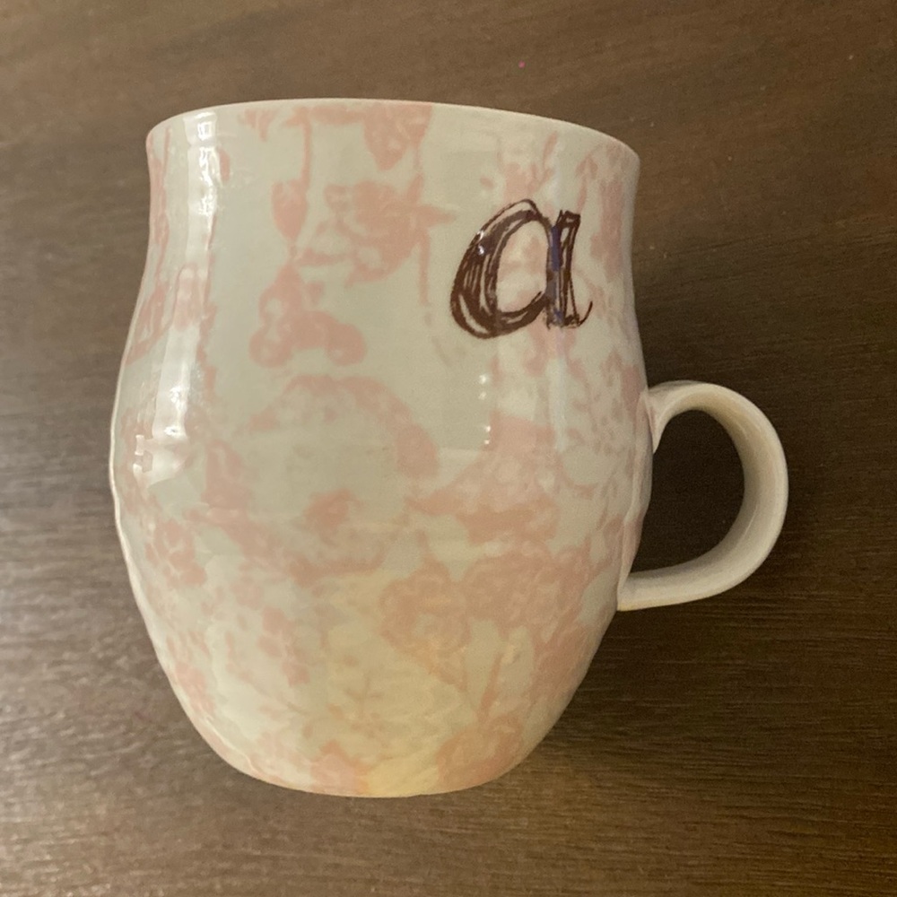 Anthropologie Homegrown Initial ‘a’ Monogram Coffee Tea Pink Cream Floral Mug - Picture 1 of 3